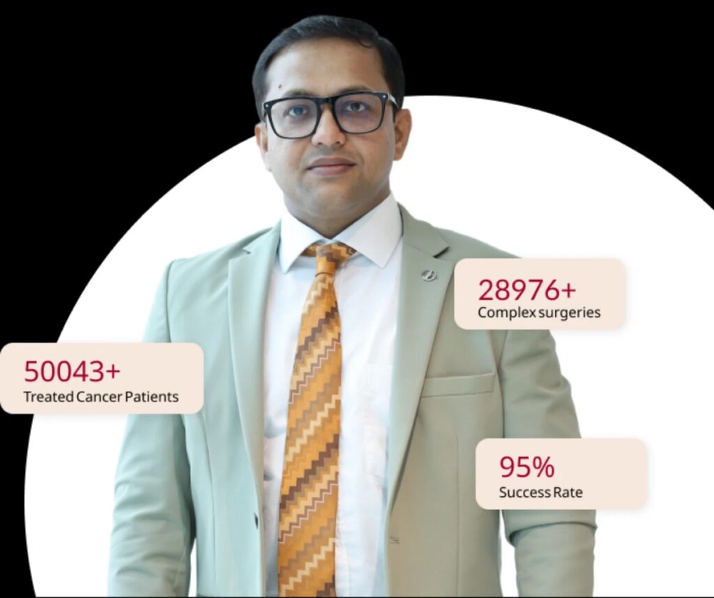 Oncologist in a light-green suit with achievement bubbles: 50,043+ treated cancer patients, 28,976+ complex surgeries, 95% success rate.