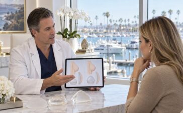 Doctor showing breast implant diagrams on a tablet to a patient in a coastal clinic with a marina view; discussing implant options.